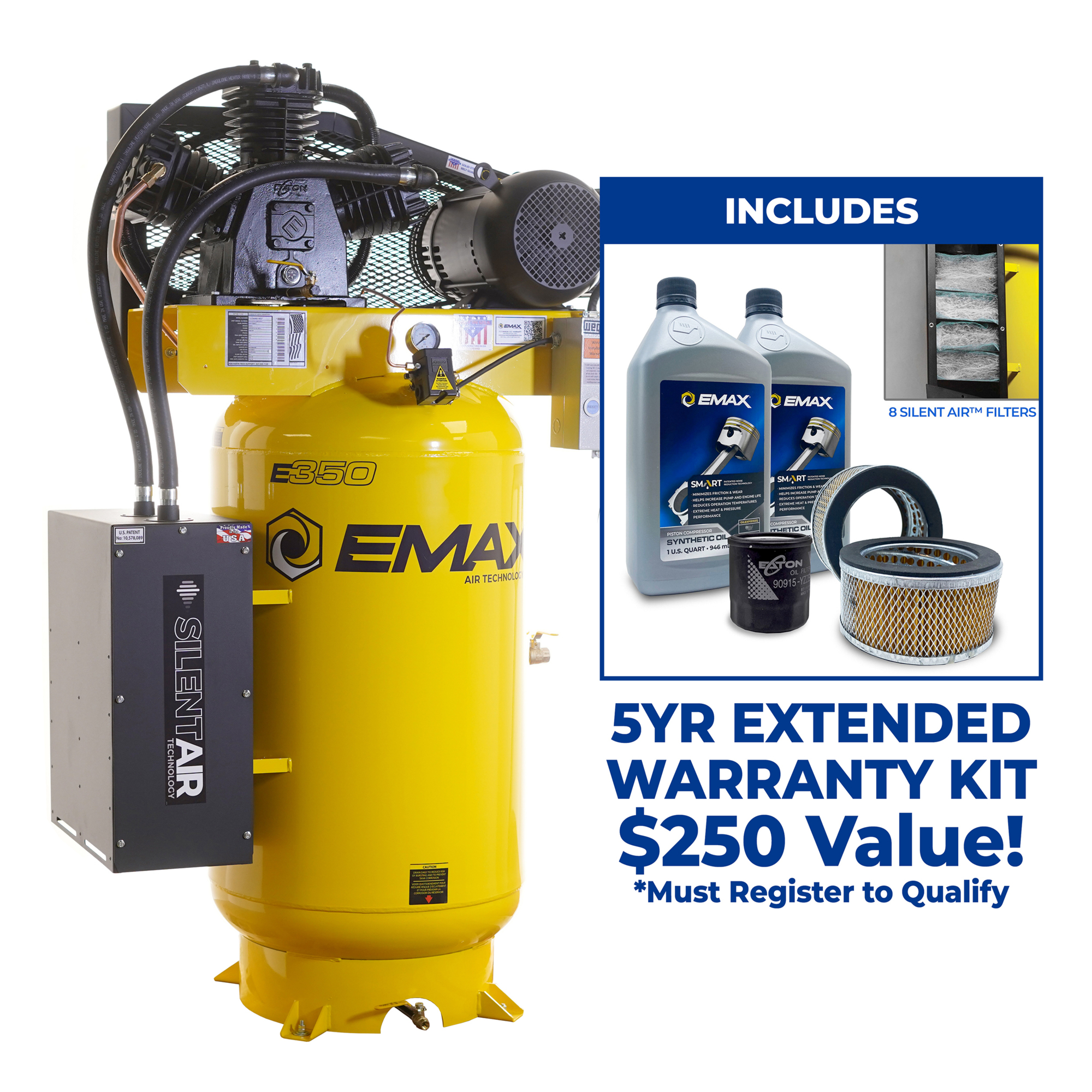 EMAX Silent Air 7.5HP MAXFLO 80-Gal Air Compressor – 35.2 CFM, Two-Stage, 3-Cylinder,Splash Lube Includes Maintenance Kit